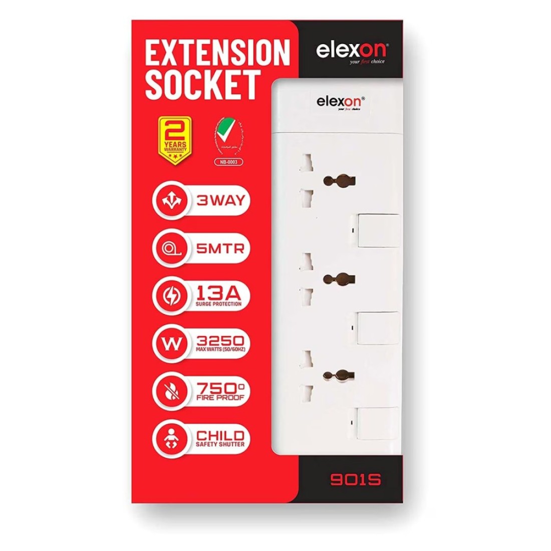 Elexon 3-Way Power Extension Socket 13A El-2006 2m