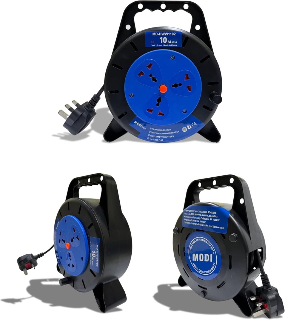 MODI Retractable 3-Way Extension Cord Reel - 10m Cable Reel with Power Button for Home, Office 2000 Watts Power Extension (10M)