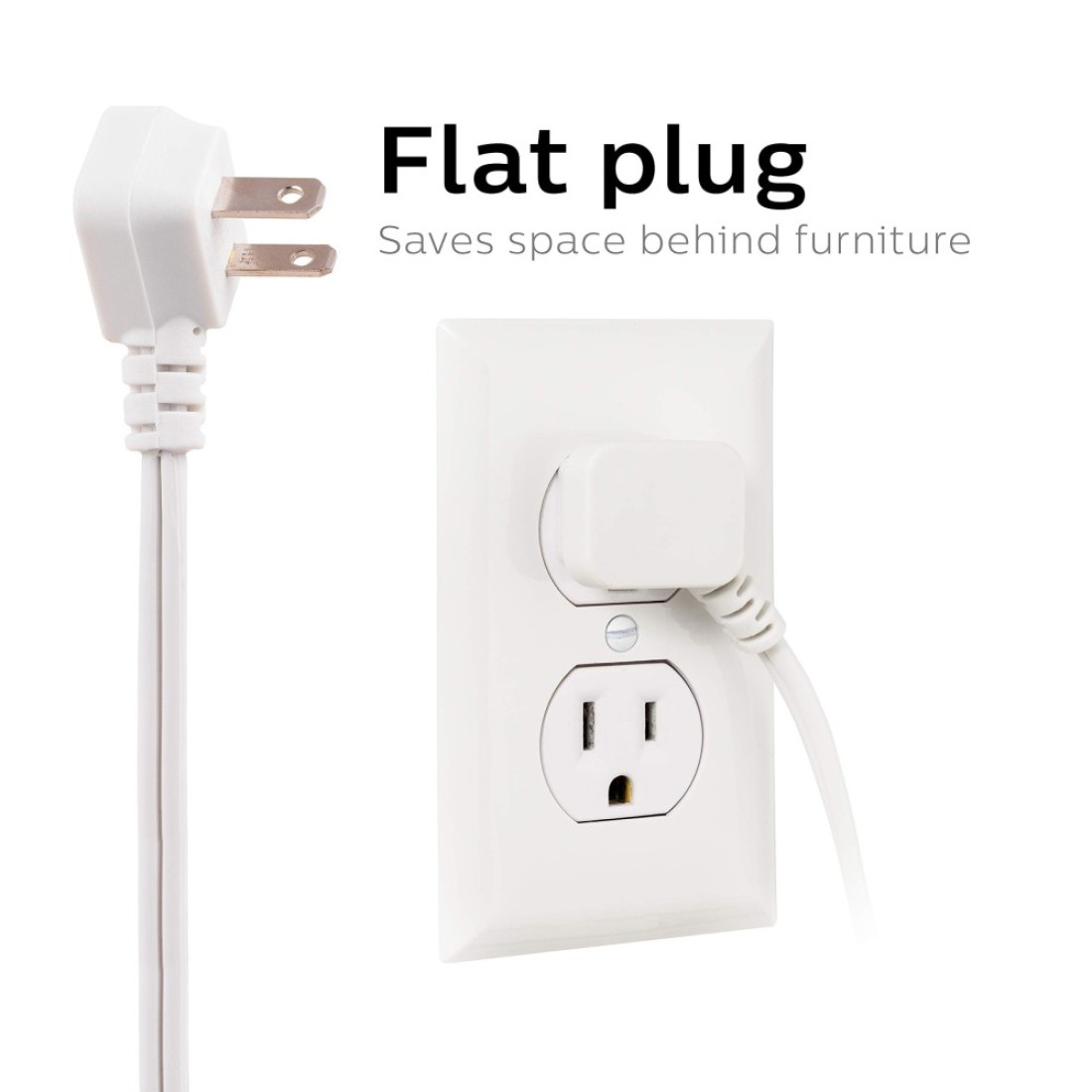 Philips Extension Cord 15 Ft 3Outlet Flat Plug Extension Cord Flat Extension Cord with Multiple Outlets 2 Prong Extension Cord Safety Slide Long Extension Cord 1 Pack White SPS1032WE27