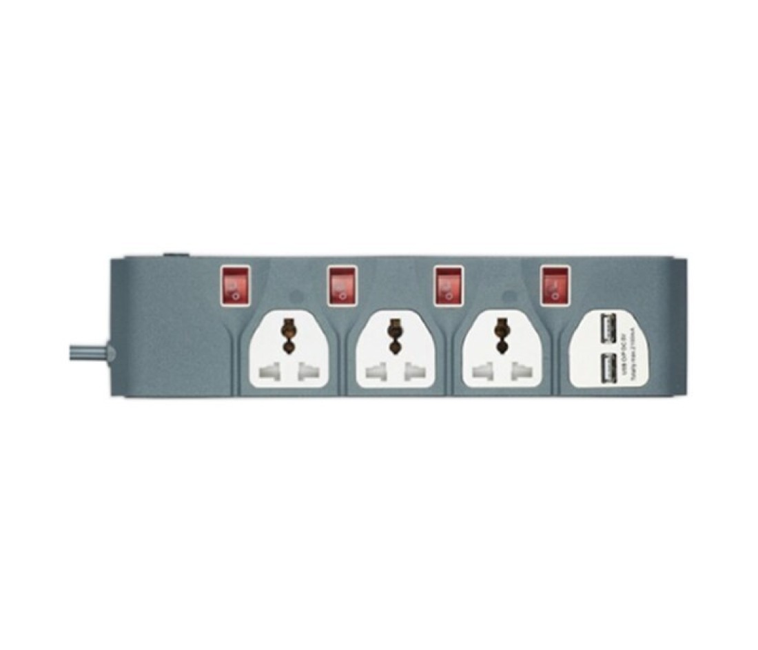Olsenmark 2-Way Extension Socket with Individual Switches- OMES1730D/ 2 Way USB Ports, with PP Fire Proof Housing and Copper Parts, Child Safety Shutter/ 3-meter Cord, Ideal for Home, Office