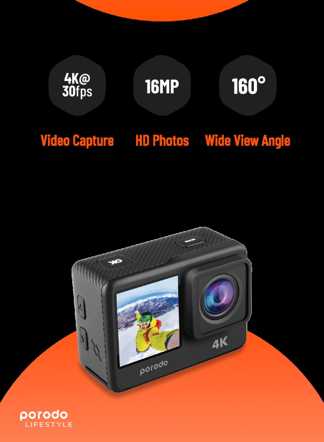 Porodo Lifestyle Waterproof 4K &amp; 30fps Action Camera 120&deg; Wide View Angle 16 MP HD Photos Dual Screen Display Multi Shoting Water Proof 900mAh Long Battery Life WiFi Support - Black