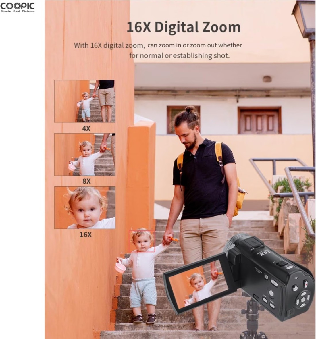 COOPIC V1000 3&rsquo;&rsquo; TFT, Anti-Shake, 270&deg; Screen Rotation, Full HD 1080P Digital Video Camera 30MP Photo, 16X Zoom, Night Vision, Compatible with Windows XP/7/8/10 for Photography and Videography