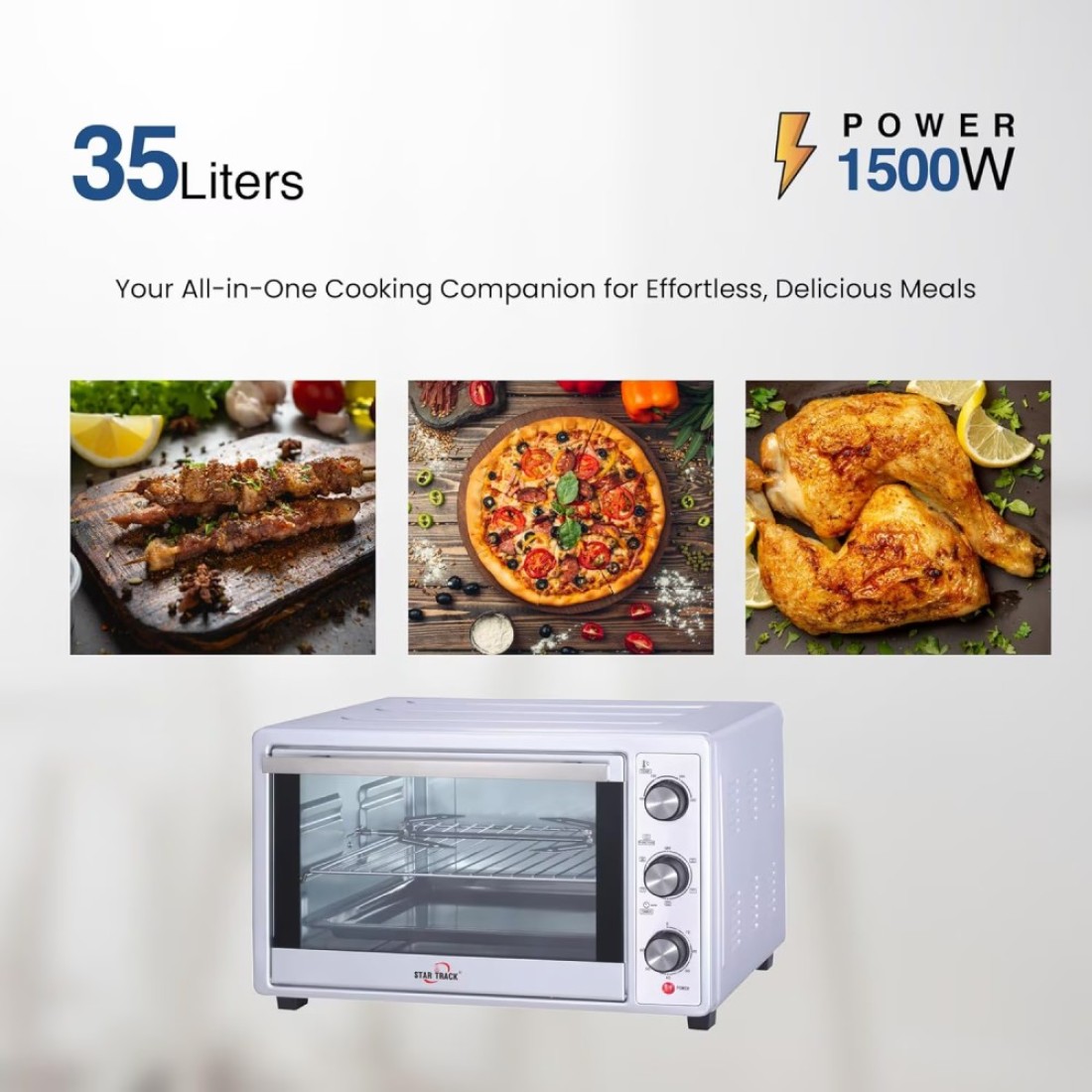 STAR TRACK 35L Electric Oven with Rotisserie, Convection, 120-Min Timer, Temperature Control, Up/Down and Dual Function, 3 Knob Control, 5 Baking Accessories, Stainless Steel Body and Handle, 1500W