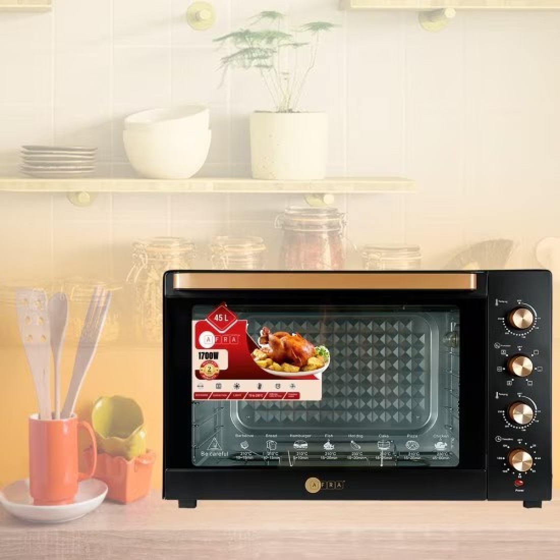 AFRA Electric Oven Toaster, 45L, 2800w Convection Rotisserie &amp; Oven Lamp, 4 Knobs Tray, Rack, Handle, 7-Functions Control, Adjustable Thermostat 70 To 250C, AF-4517OTBK, 2-Year Warranty