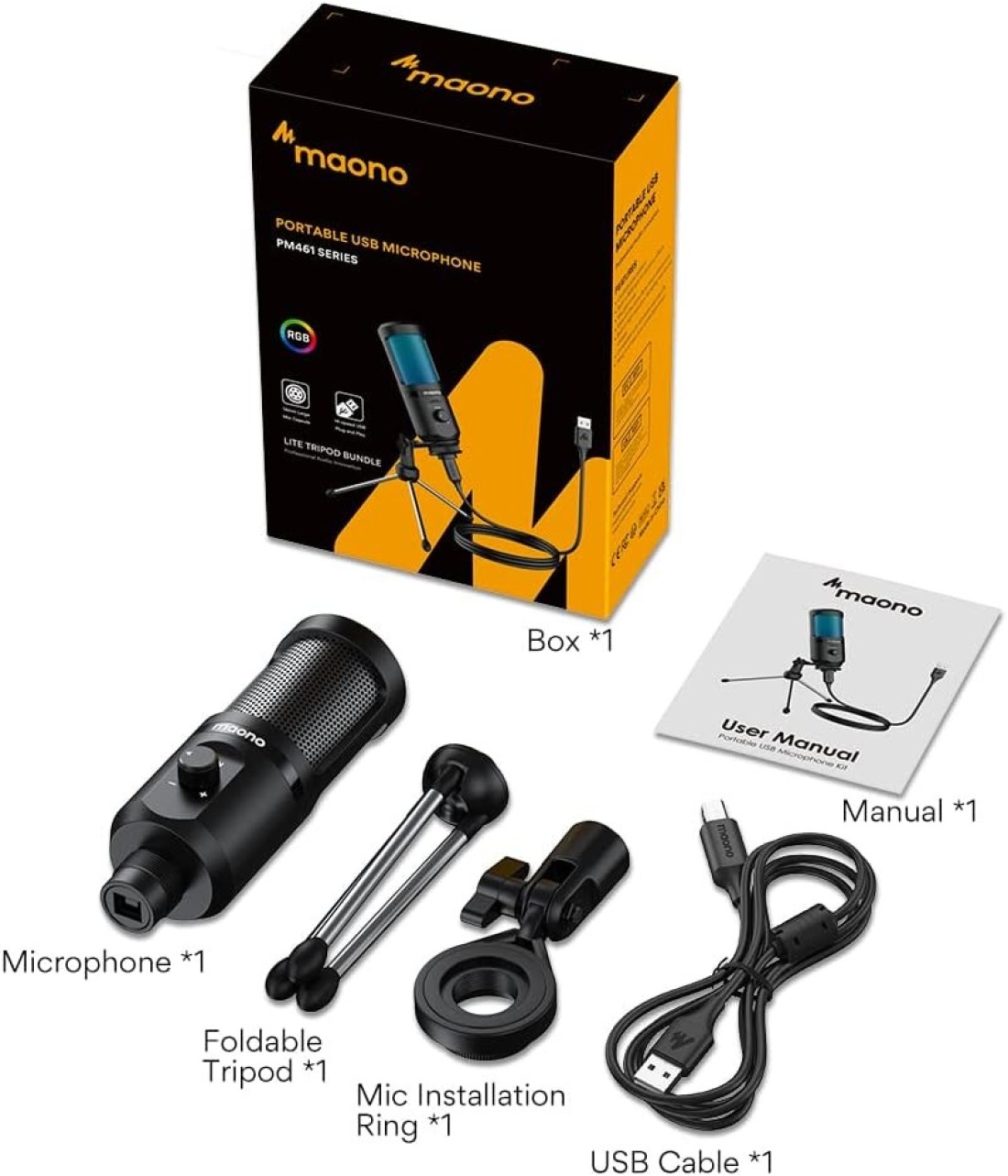 MAONO AU-PM461TR USB Gaming Microphone with Mic Gain - Black