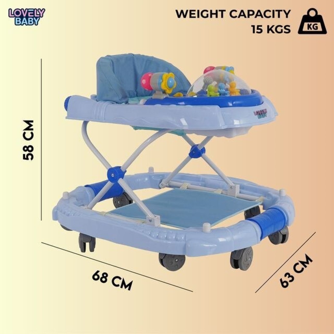 Lovely Baby Foldable Kids Walker BW04 with Adjustable Height, Musical Toys, Rotating Wheels, Comfortable &amp; Safe Activity Walker for Toddlers, Small Infant Boy Girl 6-18 months - Blue