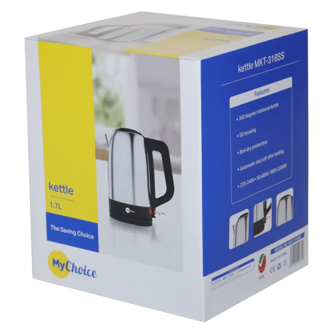 MyChoice Stainless Steel Electric Kettle MKT-318SS Silver and Black 1.7L