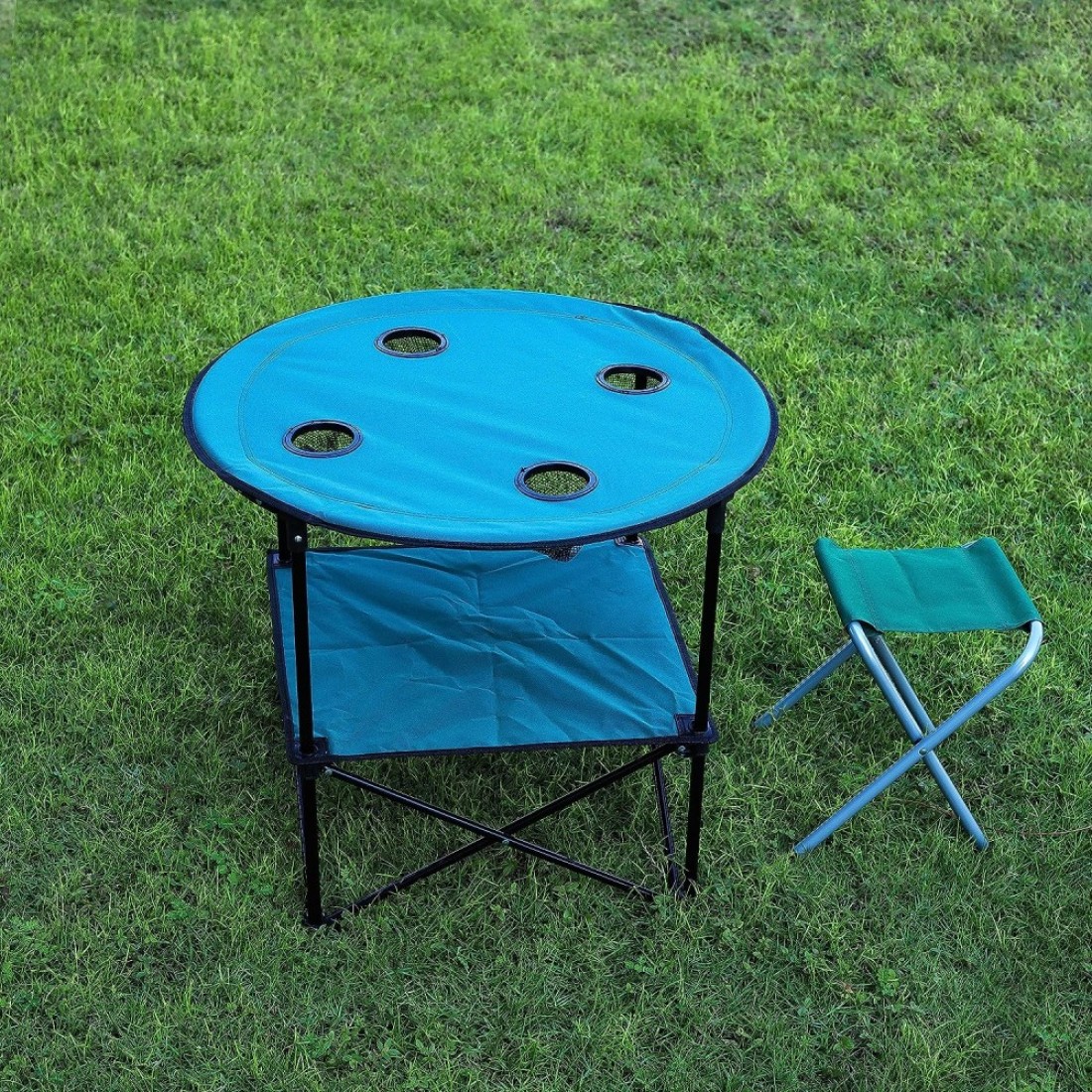 Royalford Round Camping Table-Rf11673 Lightweight, Portable And Foldable, Folds Flat For Storage Iron Tube With Washable Cloth, Perfect Indoor And Outdoor Entertainment Package Includes Carry Bag Blue