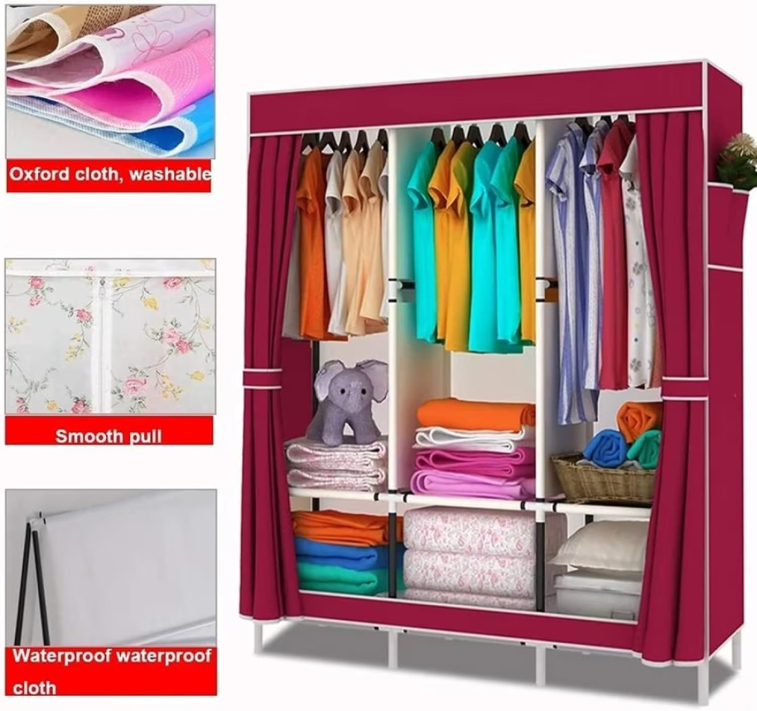 Portable Fabric Wardrobe with Hanging Rail &amp; Side Pockets &ndash; Foldable Canvas Closet Organizer for Clothes &amp; Shoes, Bedroom Storage Solution
