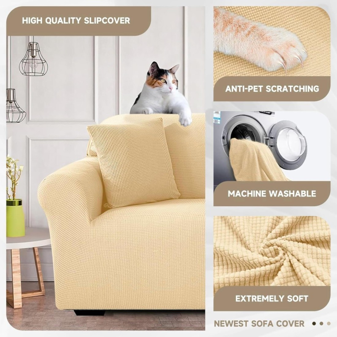 High Stretch 1 Seater Sofa Cover Cream Soft Brushed Fabric Couch Cover Full Coverage Furniture Protector Slipcover One Seater Fits on Standard and Recliner Sofa 80-120cm Size