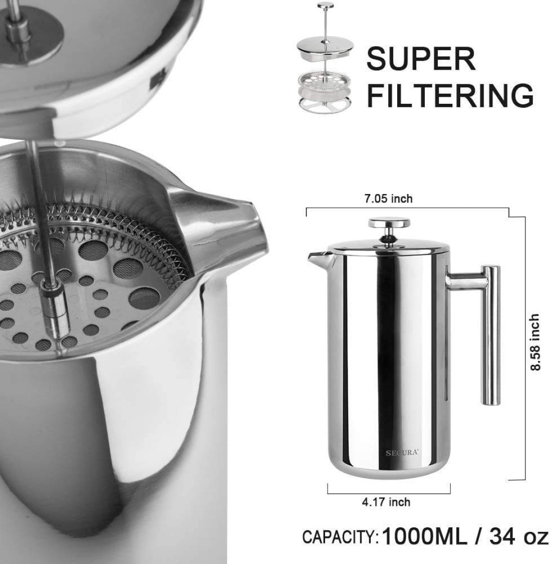 Secura French Press Coffee Maker 304 Grade Stainless Steel Insulated Coffee Press with 2 Extra Screens 34oz 1 Litre Silver