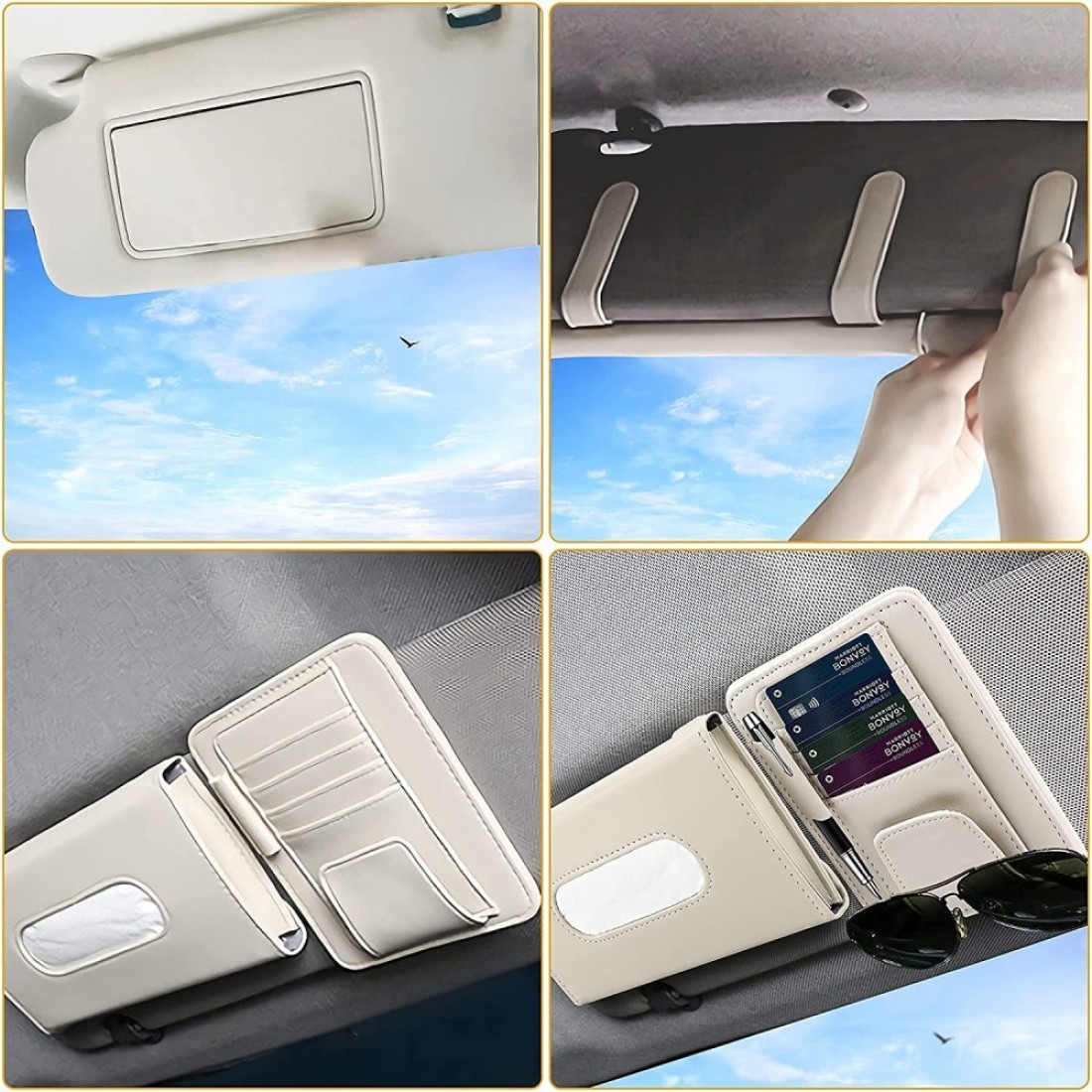 Car Tissue Holder Organizer with Accessories Glasses Holder Card Registration Holder Hanging Sun Visor (Beige)
