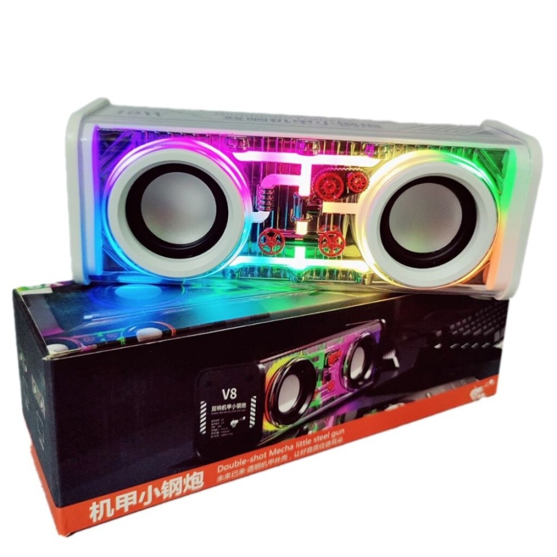 V8 Bluetooth Speaker, Dual Speakers, High Power Subwoofer, White