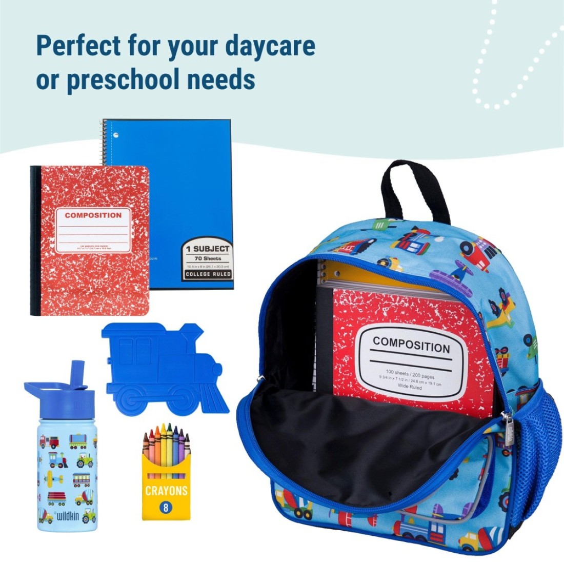 Wildkin 12Inch Kids Backpack for Boys Girls Perfect for Daycare and Preschool Toddler Bags Features Padded Back Adjustable Strap Ideal for School Travel Trains Planes and Trucks