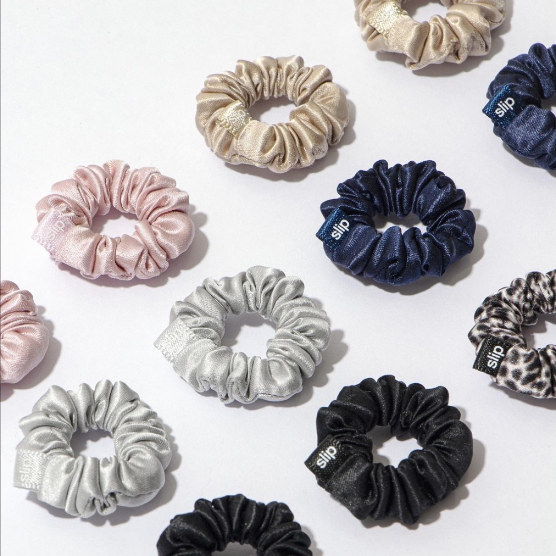 SLIP 100 Pure 22 Momme Mulberry Silk Minnie Scrunchies Classic Set of 12 in Pink Caramel Silver Navy Leopard Black