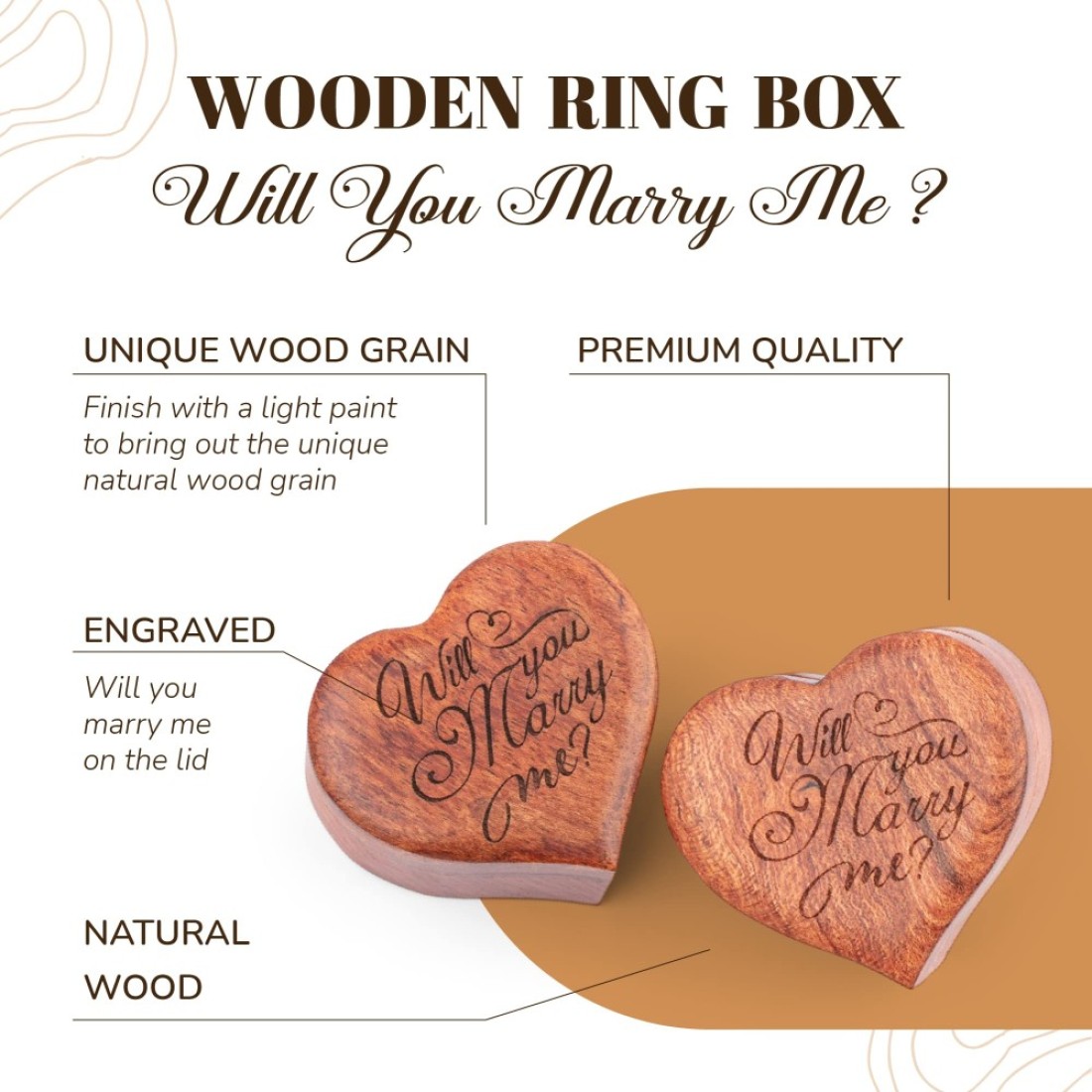MONYCraft Ring Box Heart Handmade Wooden Ring Box for Proposal Engagement Ring Box Wood Unique Proposal Ring Box Engraved With Will you marry me Heart Shape Ring Box