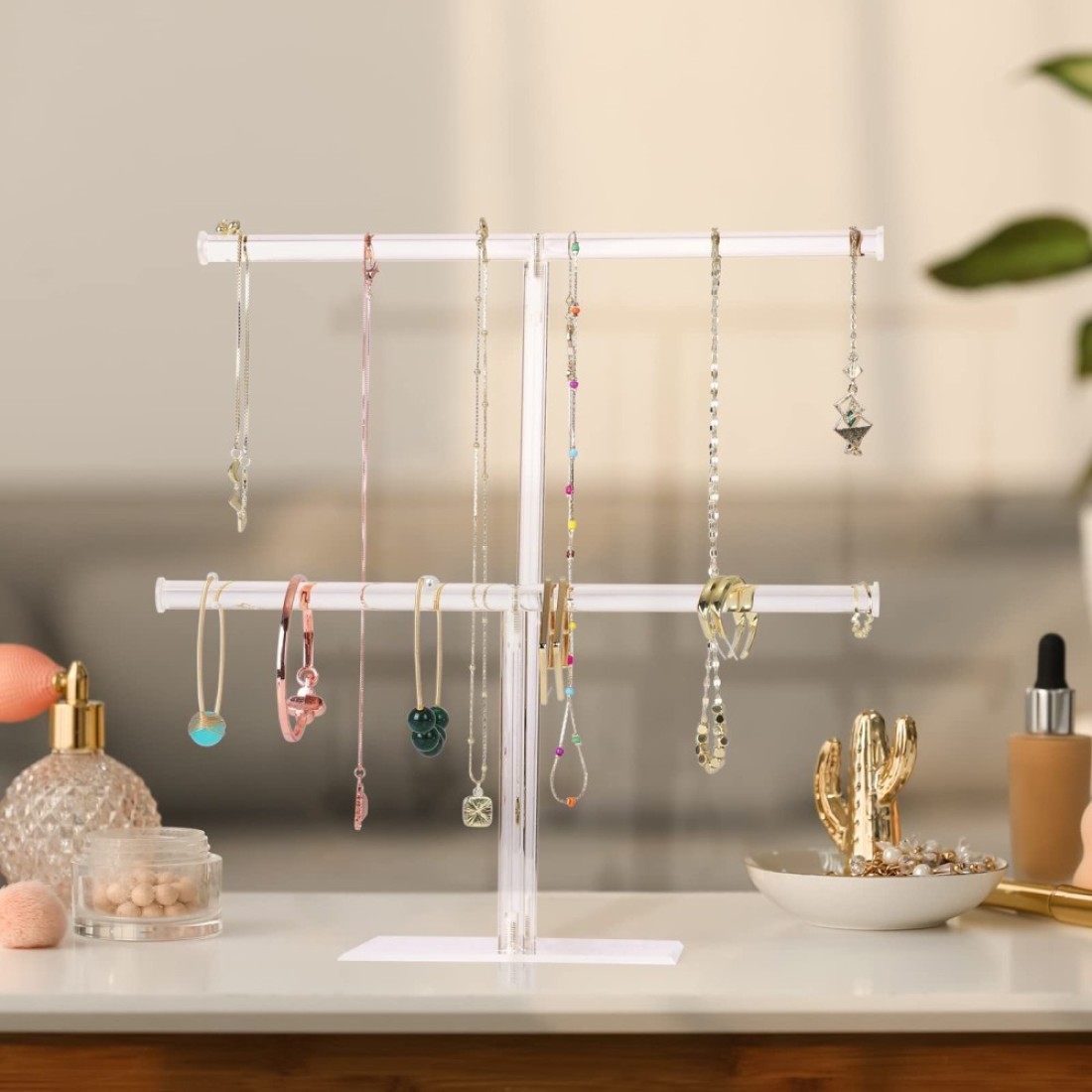 Jewelry Stand Necklace Holder Acrylic Jewelry Display Holder Necklace and Bracelet Hanging Organizer Clear 2Tier Tower Stand for Bangles Necklaces Bracelets Rings Earrings and Watch