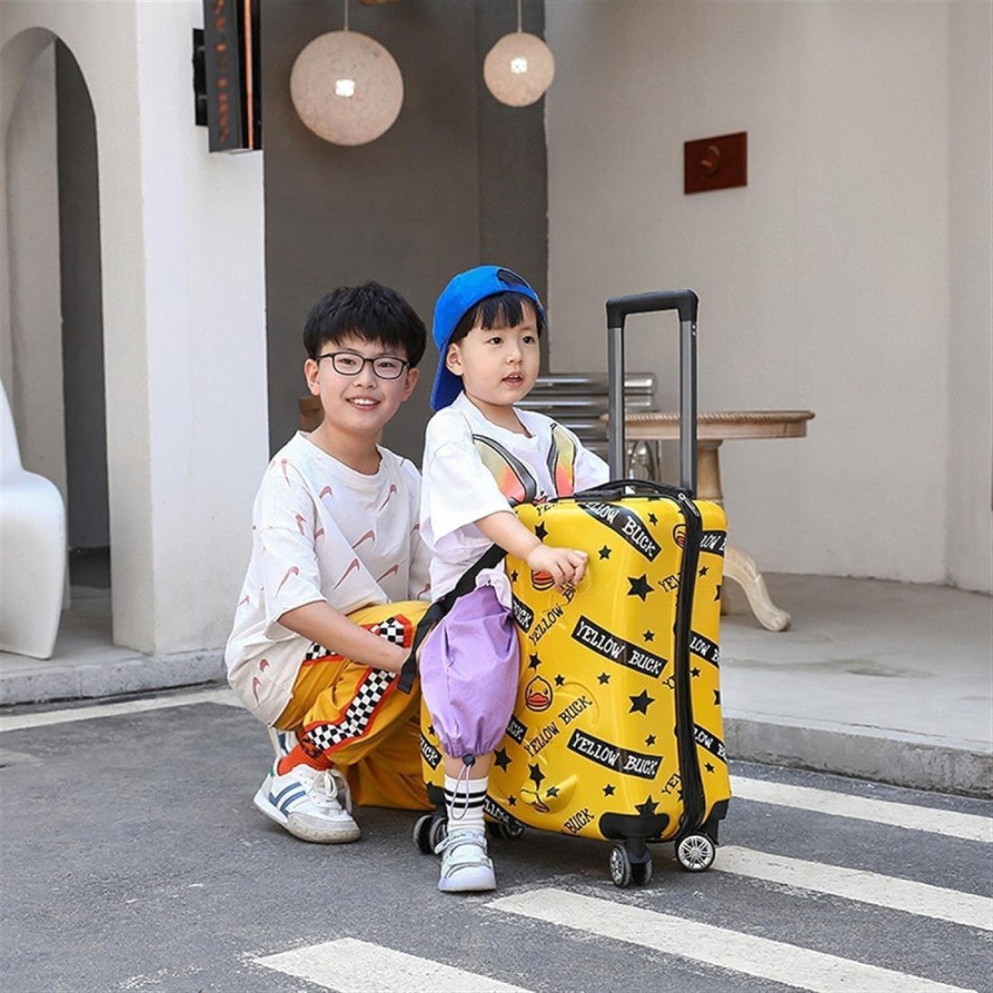 Kids Ride-On Travel Suitcase with Wheels - Spinner Carry-On Trolley Case with Password Lock, Universal Wheels for Ages 1-6