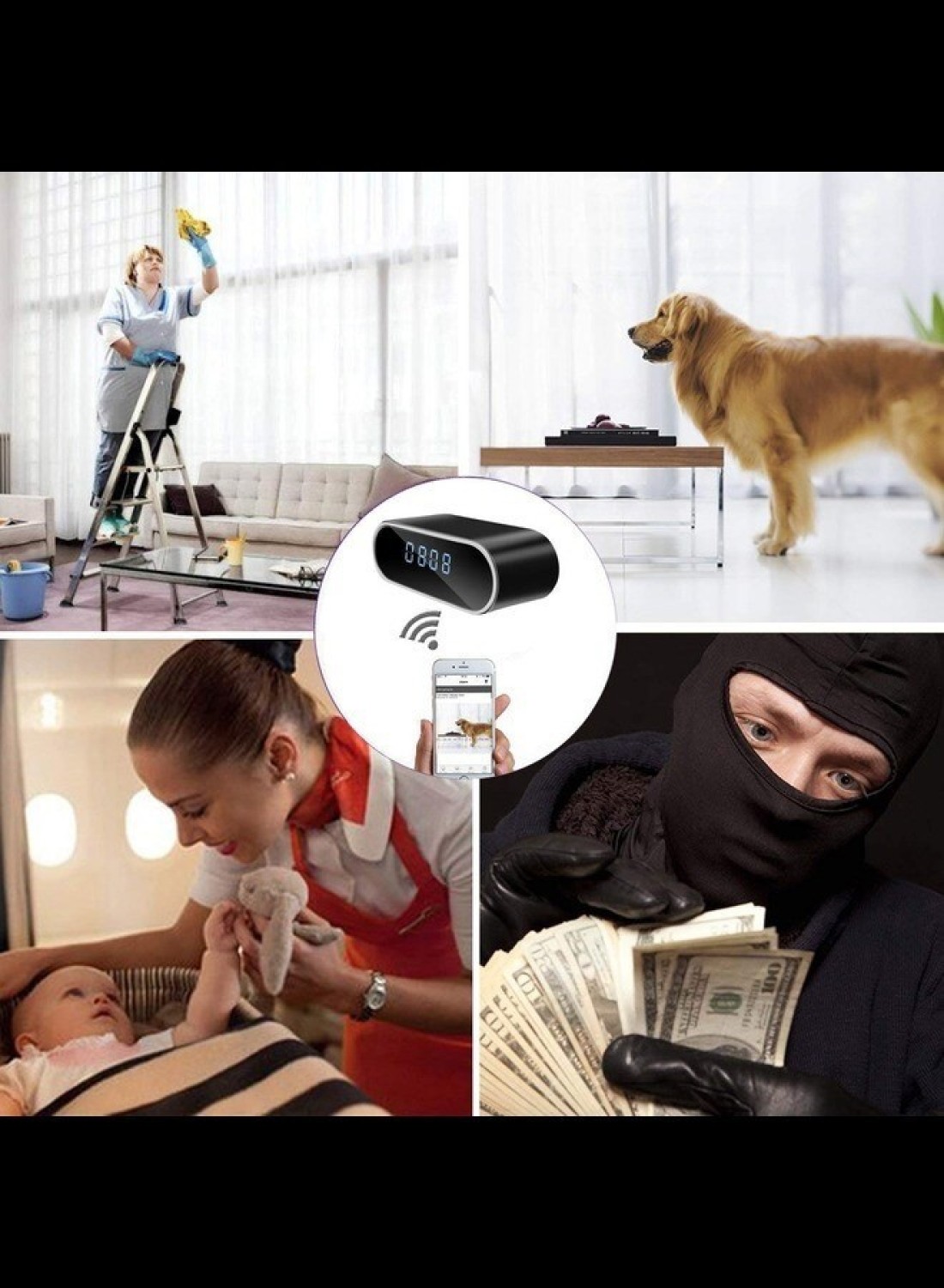 Radiotronics WiFi Camera 1080p Motion Detection Digital Table Clock Portable Rechargeable Night Vision 64GB Support