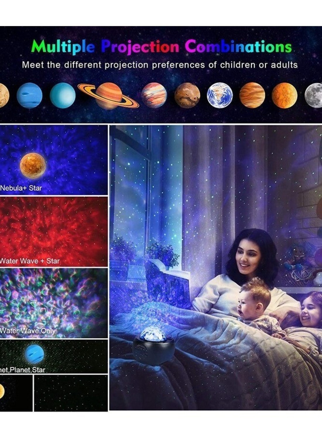 3 in 1 Galaxy Starry Night Light Projector LED Ocean Wave Nebula Clouds with Remote Control, Bluetooth Speaker, and Star Light for Nursery, Baby, Ceiling, and Bedroom Birthday Party Wedding
