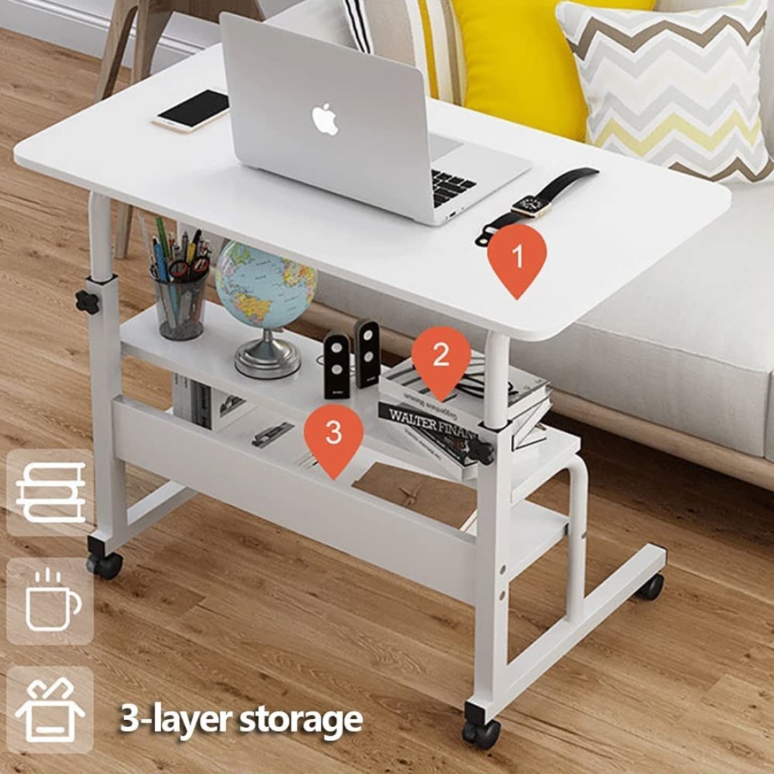 Jjone Laptop Desk Table With 2-Tier Storage Shelves &amp; Wheels, Workstation Study Laptop Table For Home Office (Sc11-White)