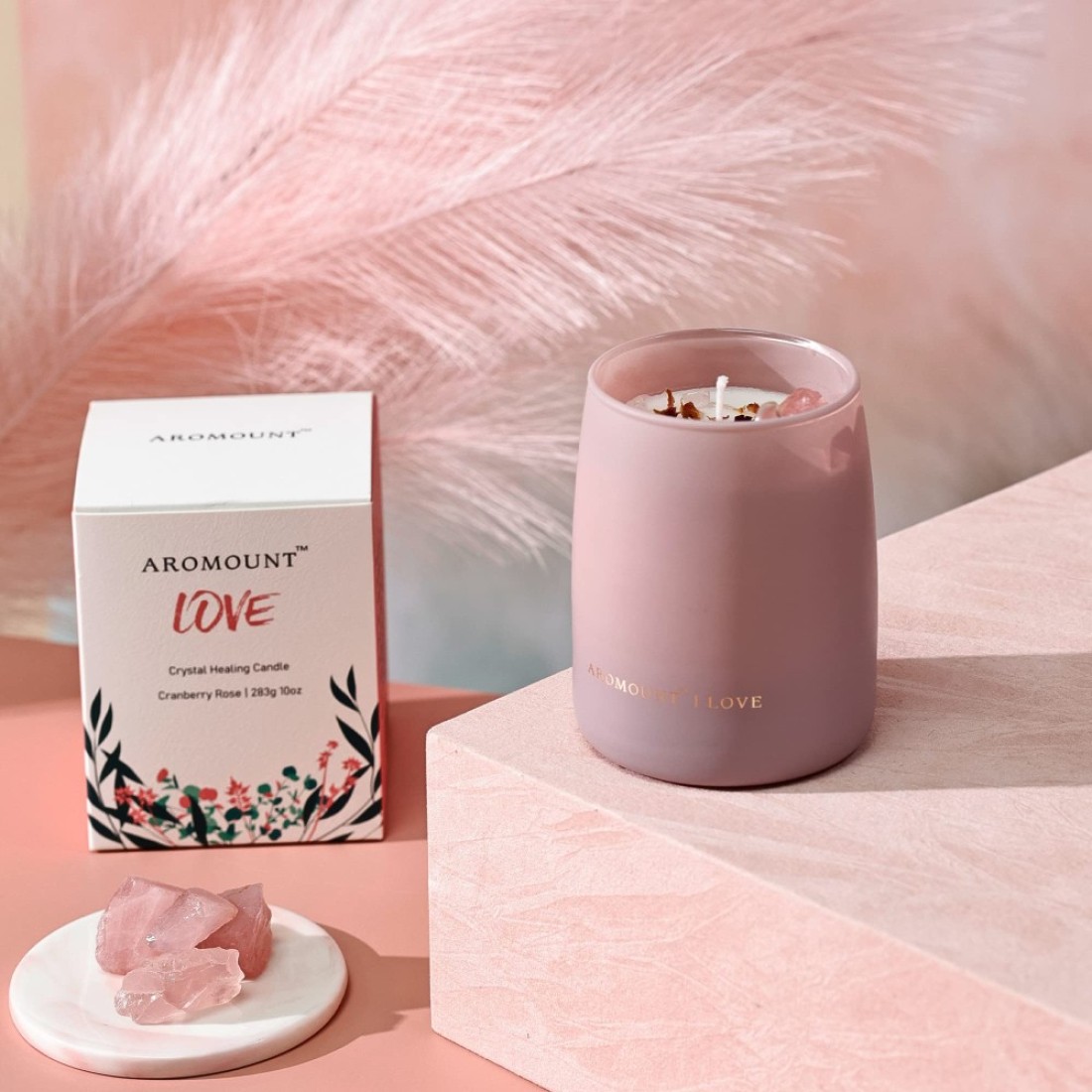 Cranberry Rose Scented Candle with Crystal Inside Healing Rose Quartz Crystal Candle and Dried Flowers 10oz Soy Wax 55 Hours Long Lasting Burn Love
