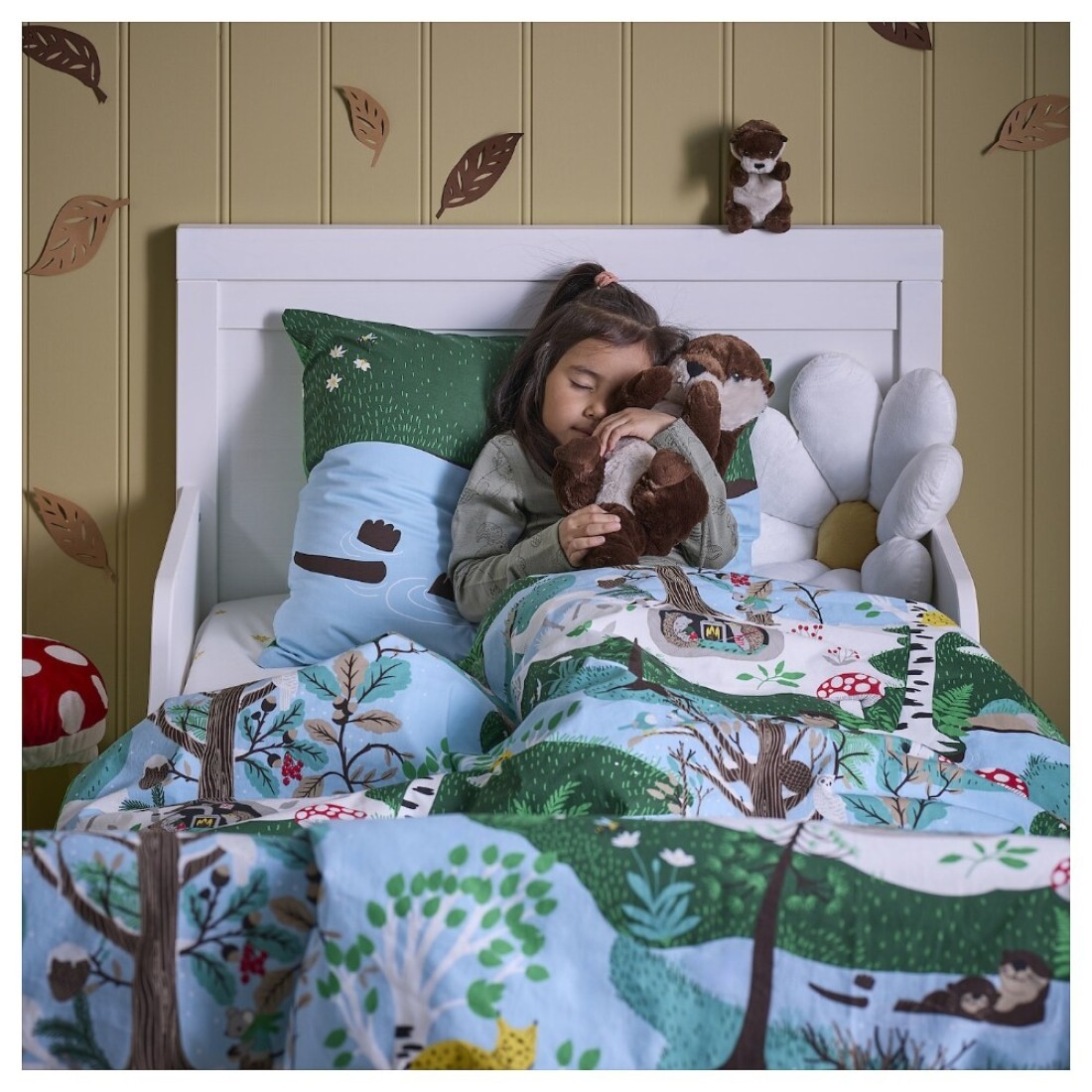 Duvet Cover And Pillowcase Blue Green/Forest Pattern 150X200/50X80cm