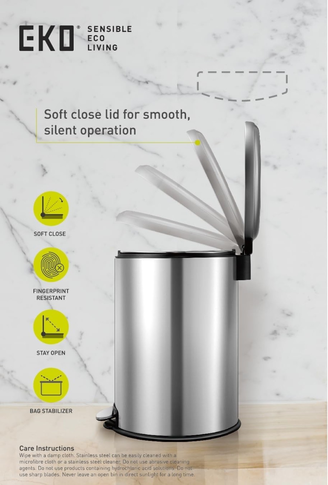 EKO 20L Pedal Bin Serene - Silver Large Capacity Step Round Bin with Soft-Close Lid Fingerprint-Resistant Finish Removable Inner Liner Bag Stabilizer