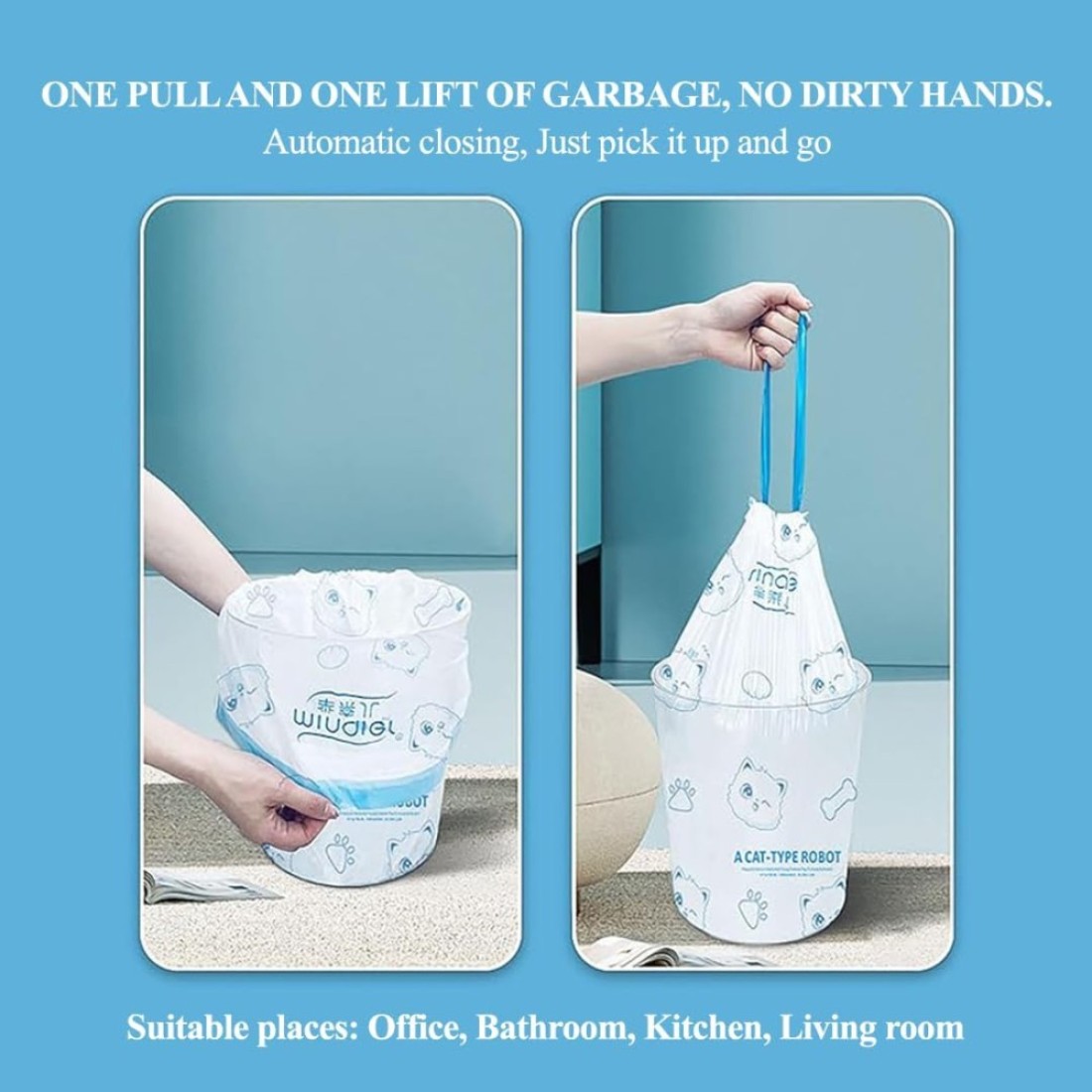 Trash bags with Drawstring and Break point, Heavy-duty garbage bags for Office, Bathroom, Kitchen, Living room, Ideal for medium-sized bins, 100 Counts 45x50cm (White)