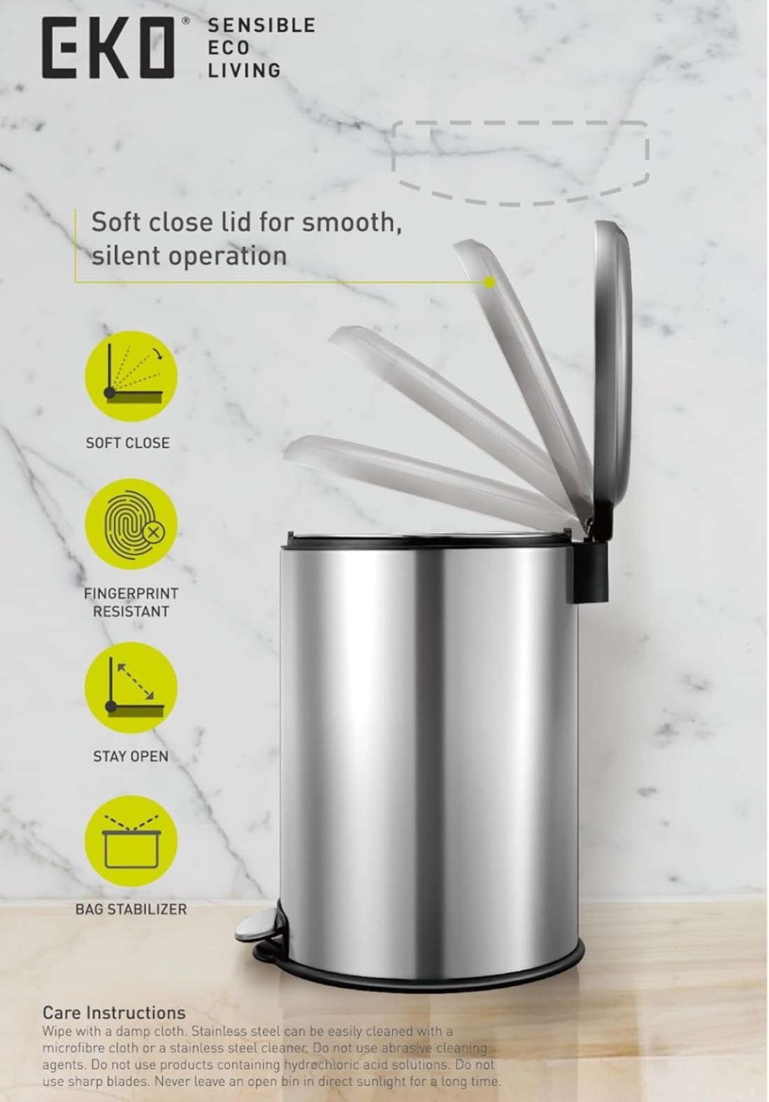 EKO 8L Pedal Bin Serene - Silver Compact Step Round Bin with Soft-Close Lid Fingerprint-Resistant Finish Removable Inner Liner Bag Stabilizer
