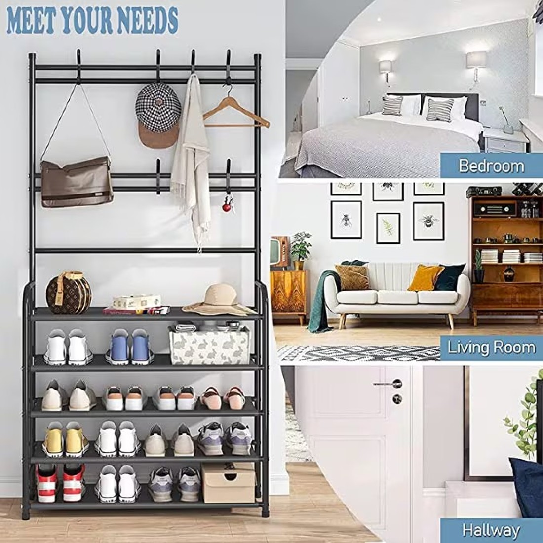 Dreamons link Coat Rack,3-in-1 Hall Tree Shoe Bench with Coat Hat Umbrella Rack,Storage Shelves with 8 Hooks, Multifunctional Hallway Organizer (Black)