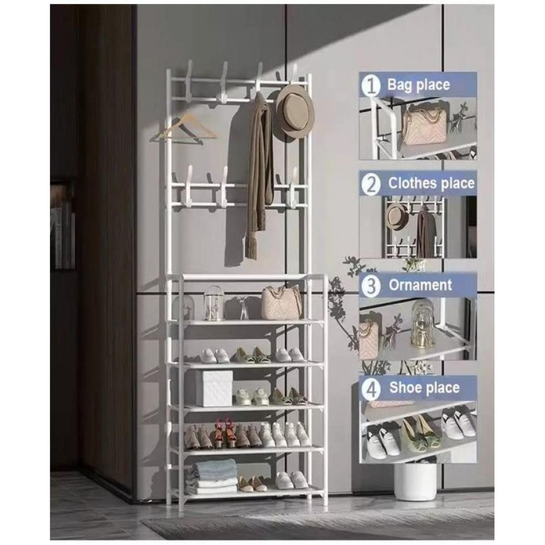 Aiwanto 5 Tier Shoes And Coat Rack Shoes Storage Shelf For Home (White)