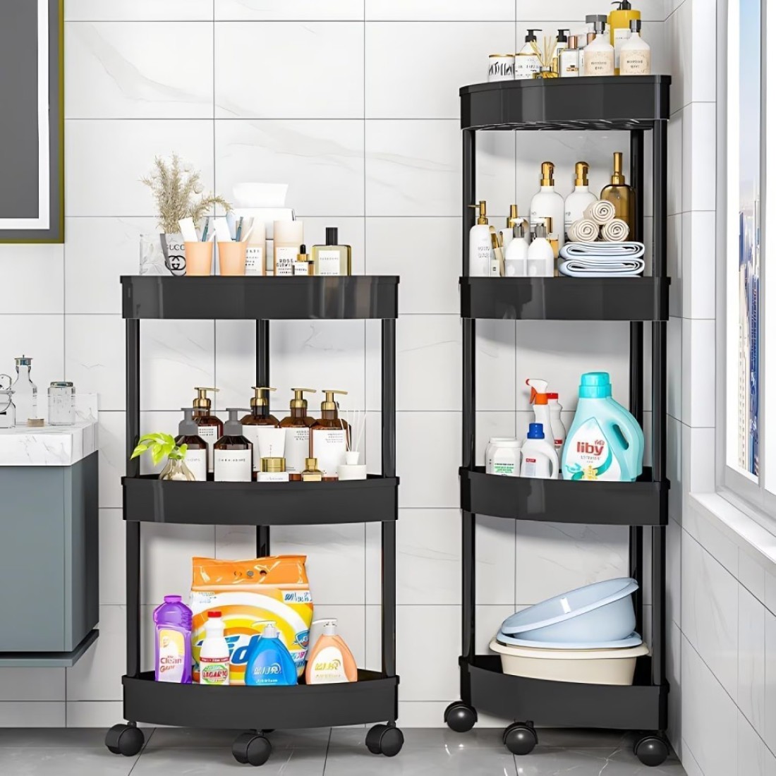 4-Tier Rolling Storage Cart,Corner Shelves， Multi-Purpose Organizer for Bathroom, Office &amp; Kitchen, Plastic Shower Caddy Organizer Shelf, Easy to Assemble &amp; Move (Black)