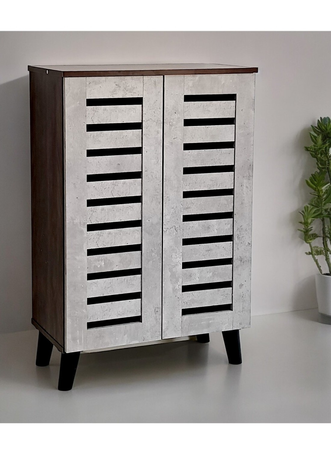 Galaxy Design Wooden Shoe Cabinet with 2 Doors, 4-Tier Storage Shoe Organizer, Malaysian Design, Shoe Rack for Hallway and Living Room, Grey Brown