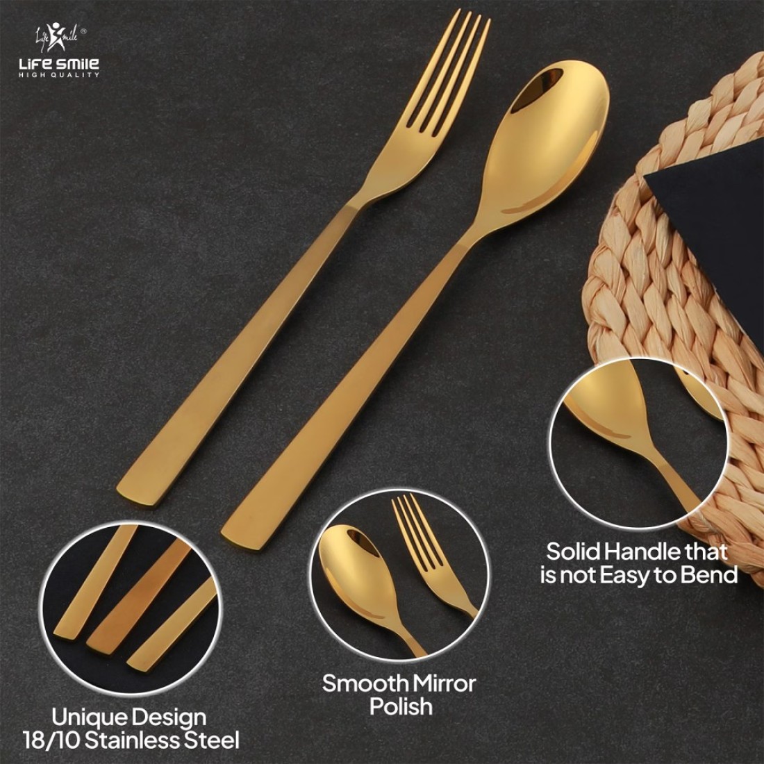 Life Smile 24 Pieces Cutlery Set Service for 6 person,Pure Stainless Steel Flatware Set,Mirror Polished Cutlery Utensil Set Include Spoon/Fork/Knife/Tea Spoon(SHINE GOLD &amp; SAND BLASTING HANDLE)