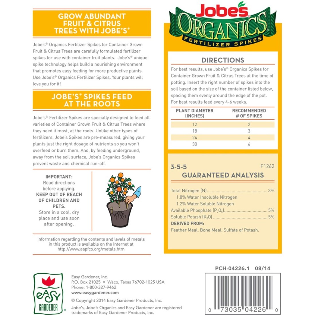 Jobes Organics Garden Fertilizer Spikes Easy Plant Care Fertilizer for Fruit and Citrus Plants and Trees 6 Count