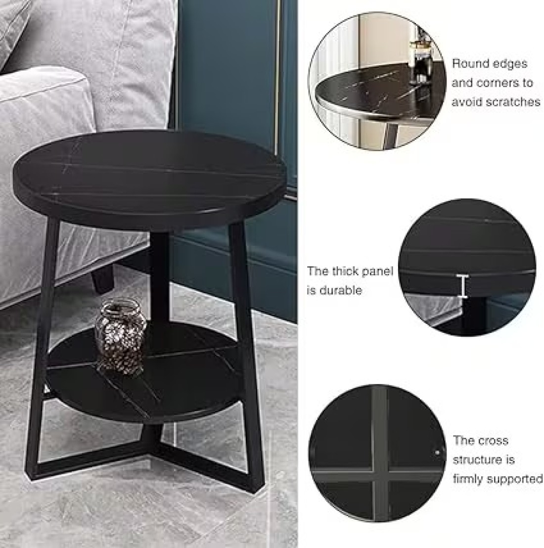 Vital 2-Layer Round Coffee Table,End Tables for Living Room, Side Tables, Sturdy and Easy Assembly,Double-deck Round Wood Look Accent Furniture with Wood Frame (BLACK)