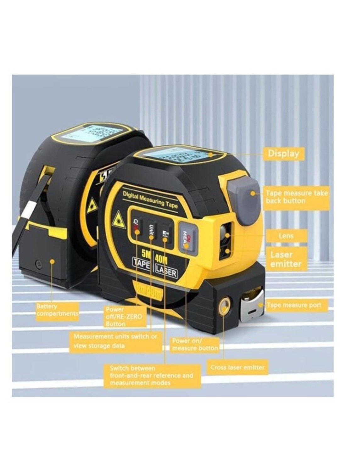 3-in-1 Laser Rangefinder with 5m Tape Measure &amp; LCD Backlight Display &ndash; Digital Distance Meter for Area &amp; Volume Measurements, Building &amp; Surveying Equipment

