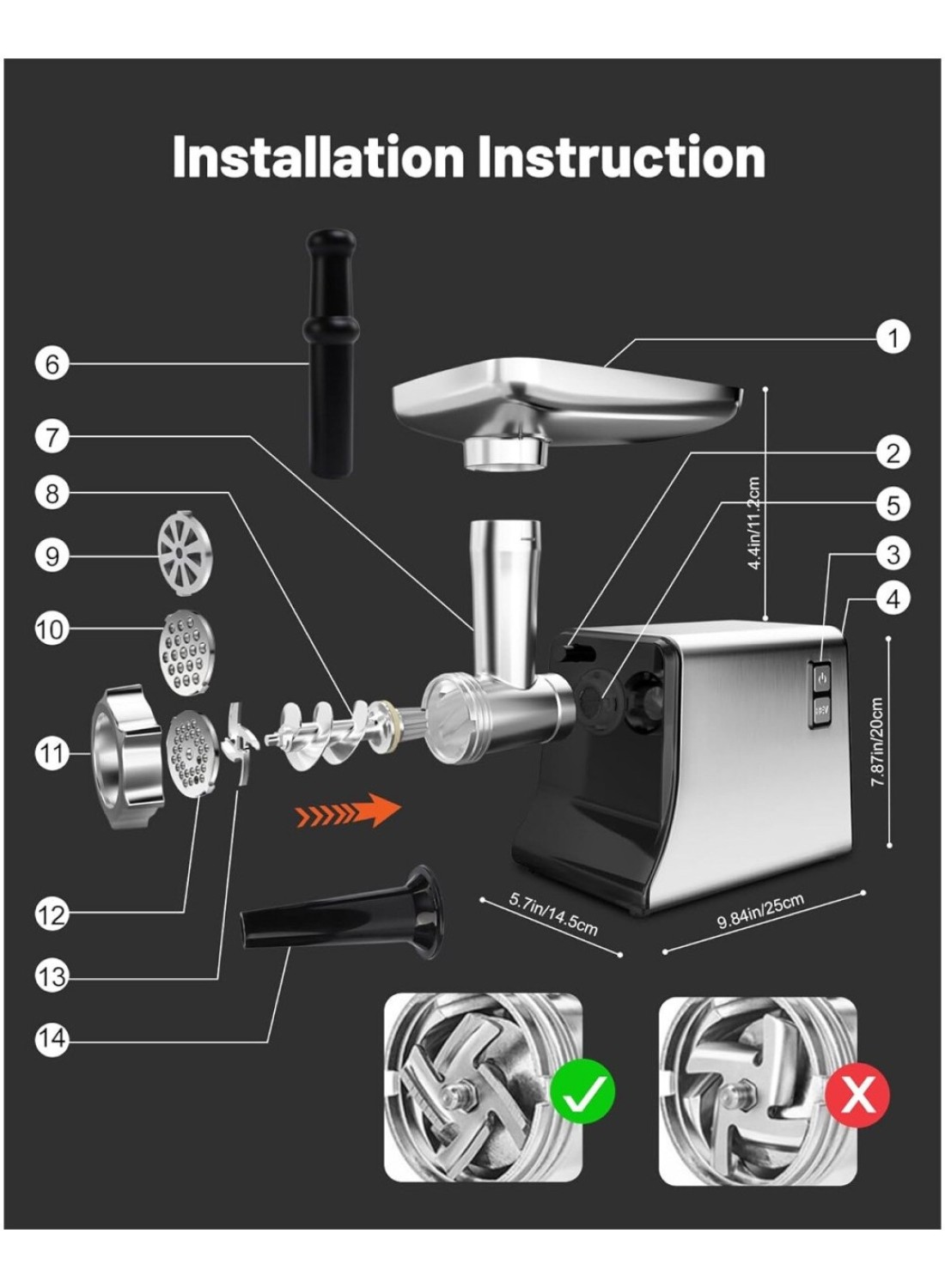 Electric Meat Grinder, Sausage Stuffer Maker, Heavy Duty Meat Mincer with Stainless Steel Cutting Blade, 3 Grinding Plates, 1 Sausage Maker &amp; Kubbe Kit for Home Kitchen Use