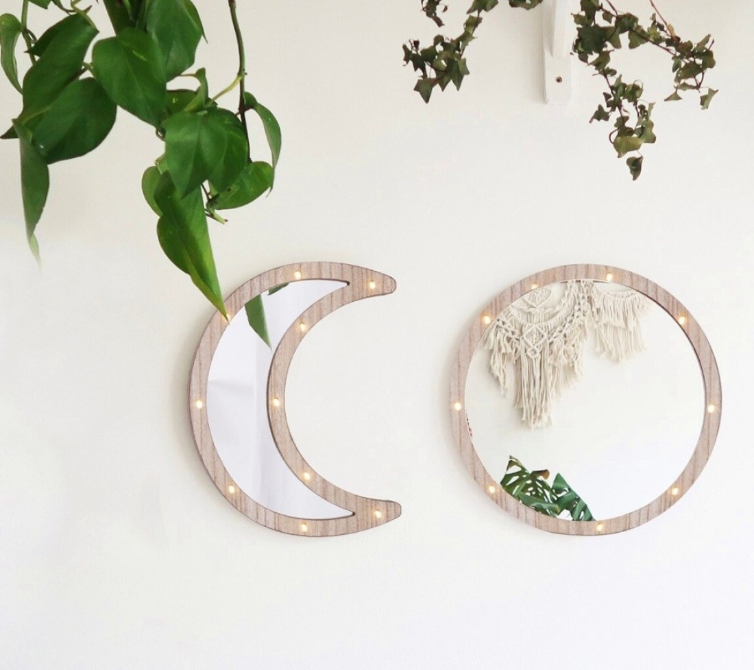 Wooden Crescent Moon Ramadan Decorative Mirror with LED Lights 30x22cm