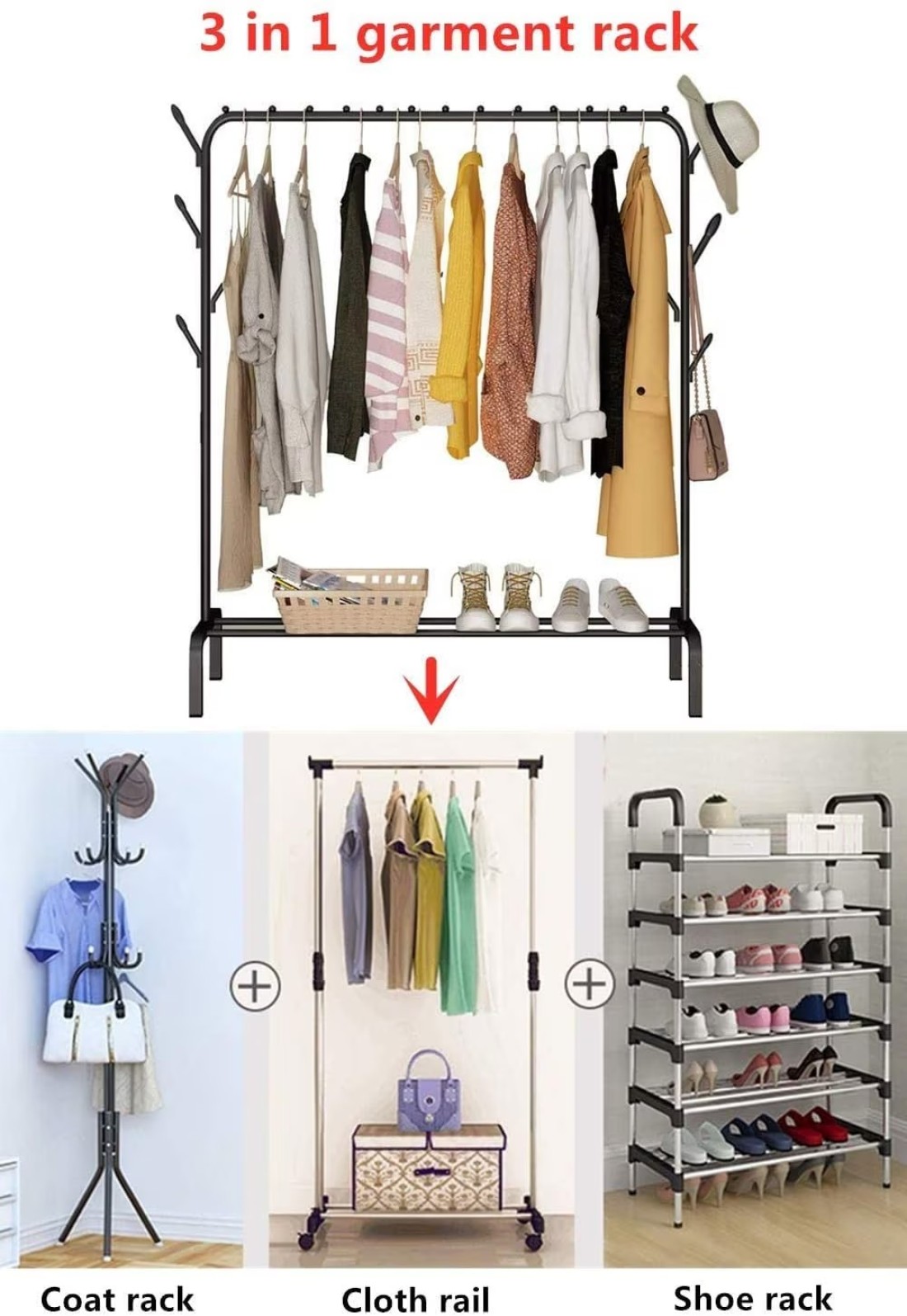Showay Cloth Rack Cloth Stand Clothes Hanger Stand Clothes Clothes Hanger Dryer Rail With 8Pcs Branch Hook Bottom Storage 110cm Length Large Space For Shoes Clothes Jacket Umbrella Hats Scarf Handbags