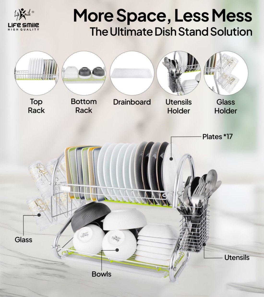 LIFE SMILE Dish Rack - 2 Tier Countertop Dish Drying Stand With Removable Drip Tray - 304 Stainless Steel with Utensil Holder and Cups Holder - Anti Slip and Rust Proof Dish Drainer