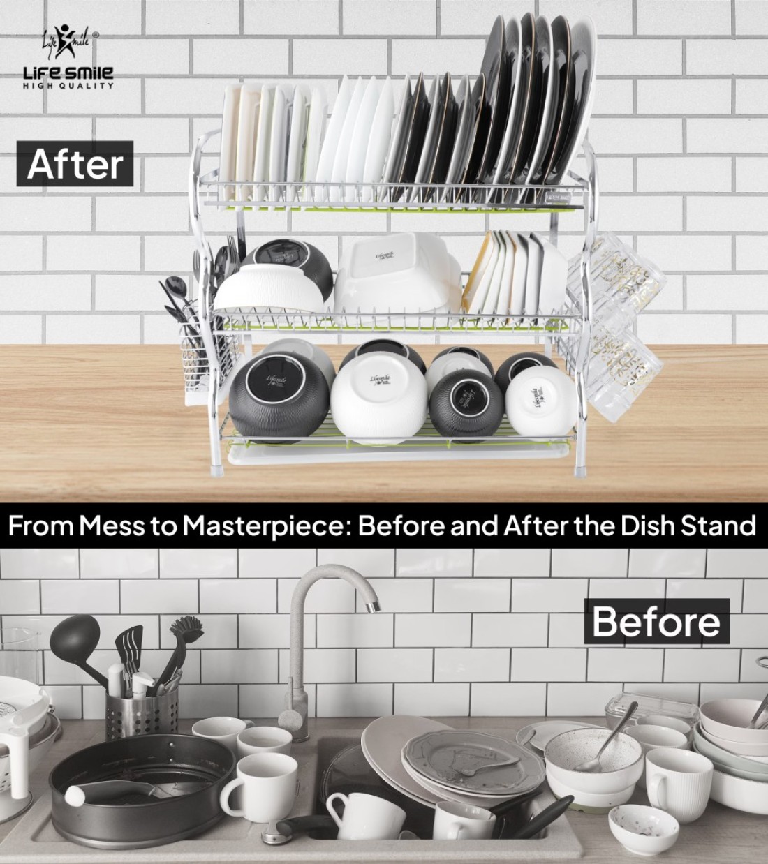 Life Smile Stainless Steel Dish Rack - 3 Tier with Utensils and Glass Holder Long Lasting and Durable