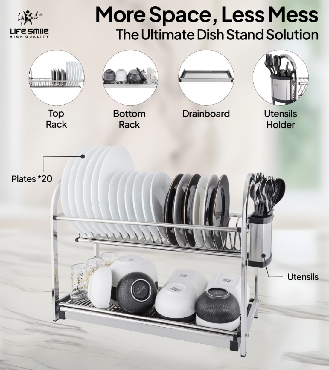 LIFE SMILE Dish Rack - 2 Tier Countertop Dish Drying Stand With Removable Drip Tray - 18/10 Stainless Steel with Removable Utensil Holder - Anti Slip and Rust Proof Dish Drainer
