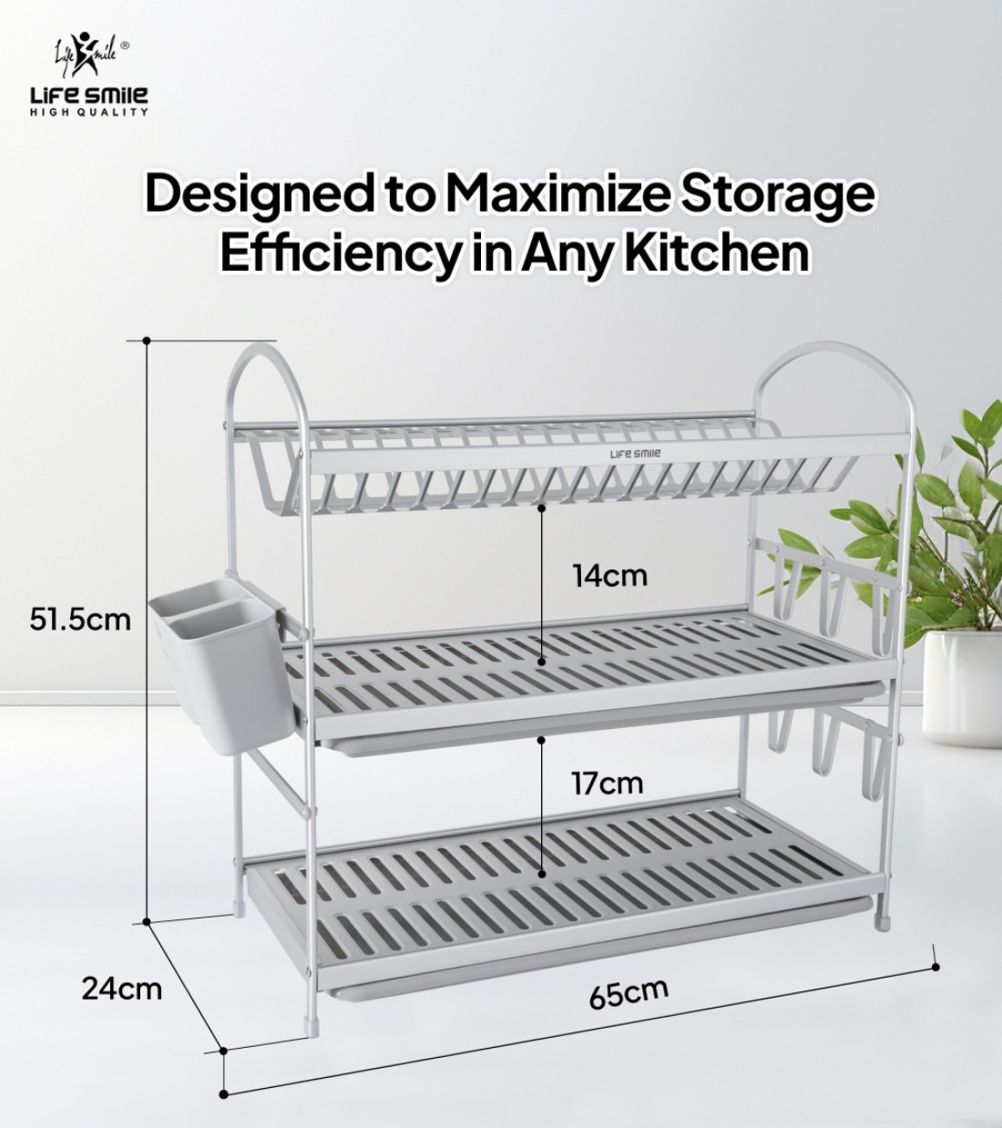 LIFE SMILE Dish Rack - 3 Tier Countertop Dish Drying Stand With Removable Drip Tray - Pure Aluminum with Cutlery Holder and Cups Holder - Anti Slip and Rust Proof Dish Drainer