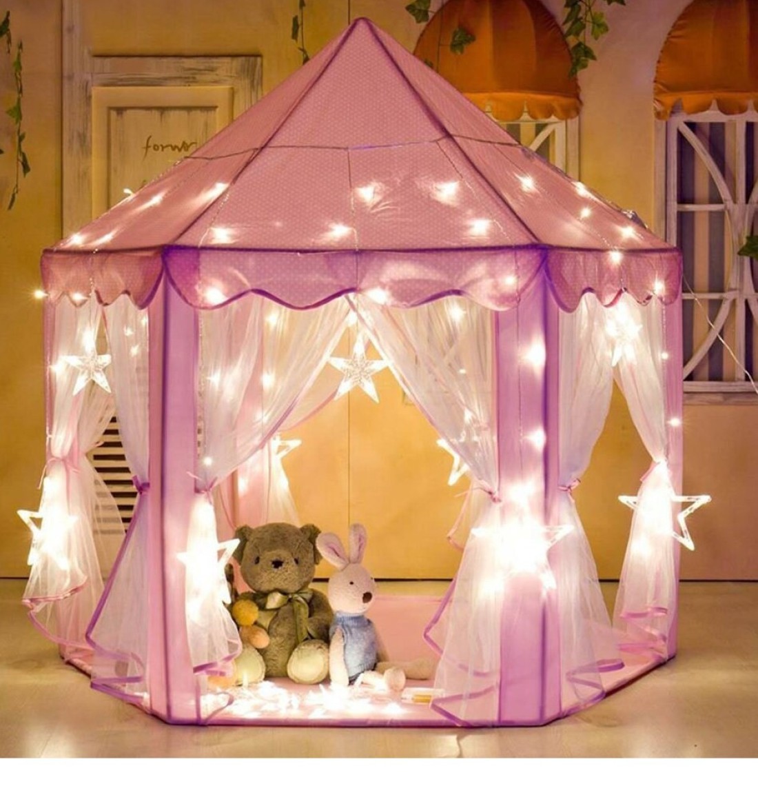 Portable Kids Toy Tipi Tent With Star Light Girl Castle Play House
