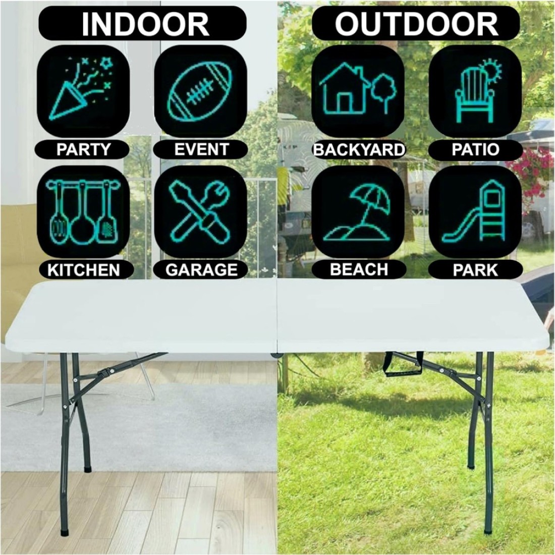 HEXAR&reg; Heavy Duty Multipurpose Camping Table Portable Folding Table Picnic Dining table Centerfold Ideal for Crafts Outdoor Events Lightweight and Durable Table with Carry Handle (L180 W74 H74 CM)