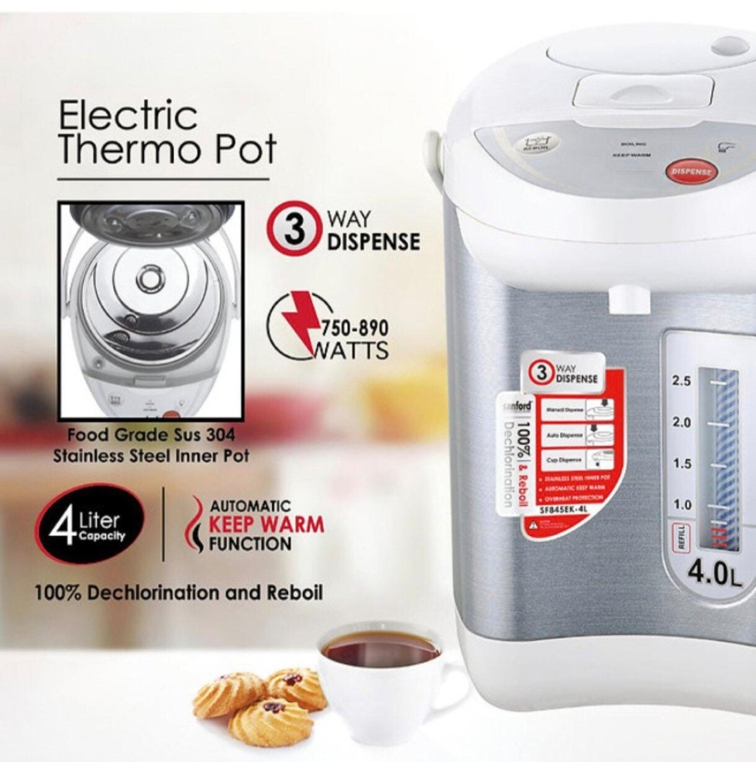 Sprintee Automatic Thermo Flask with 3-Way Dispense 4L, Keep Warm Function, Electric Hot Water Dispenser for Tea, Coffee, and Beverages