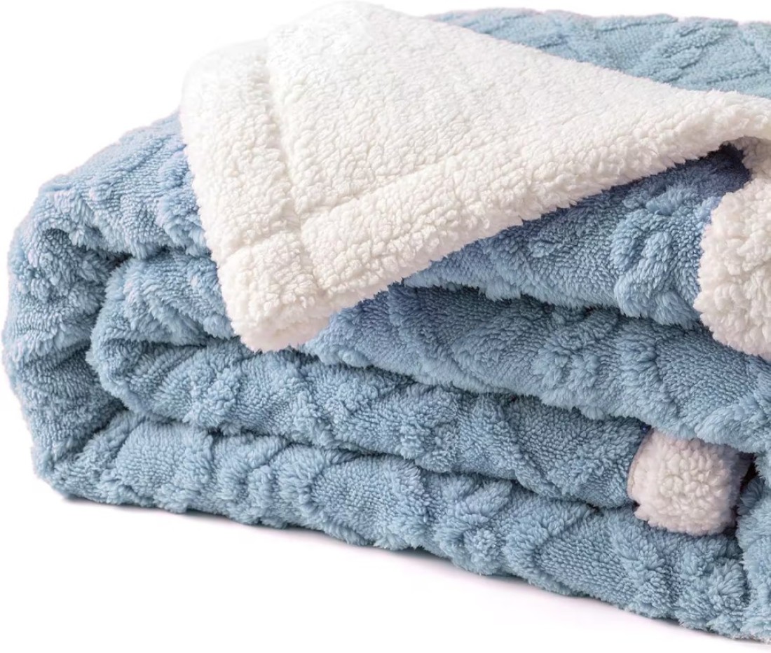 Fabienne Jacquard Sherpa Blanket Single Size 160x220cm Faux Fur Bed Blanket Reversible Warm Cashmere Blanket Blue Grey for Throw Bed Sofa Travel Couch