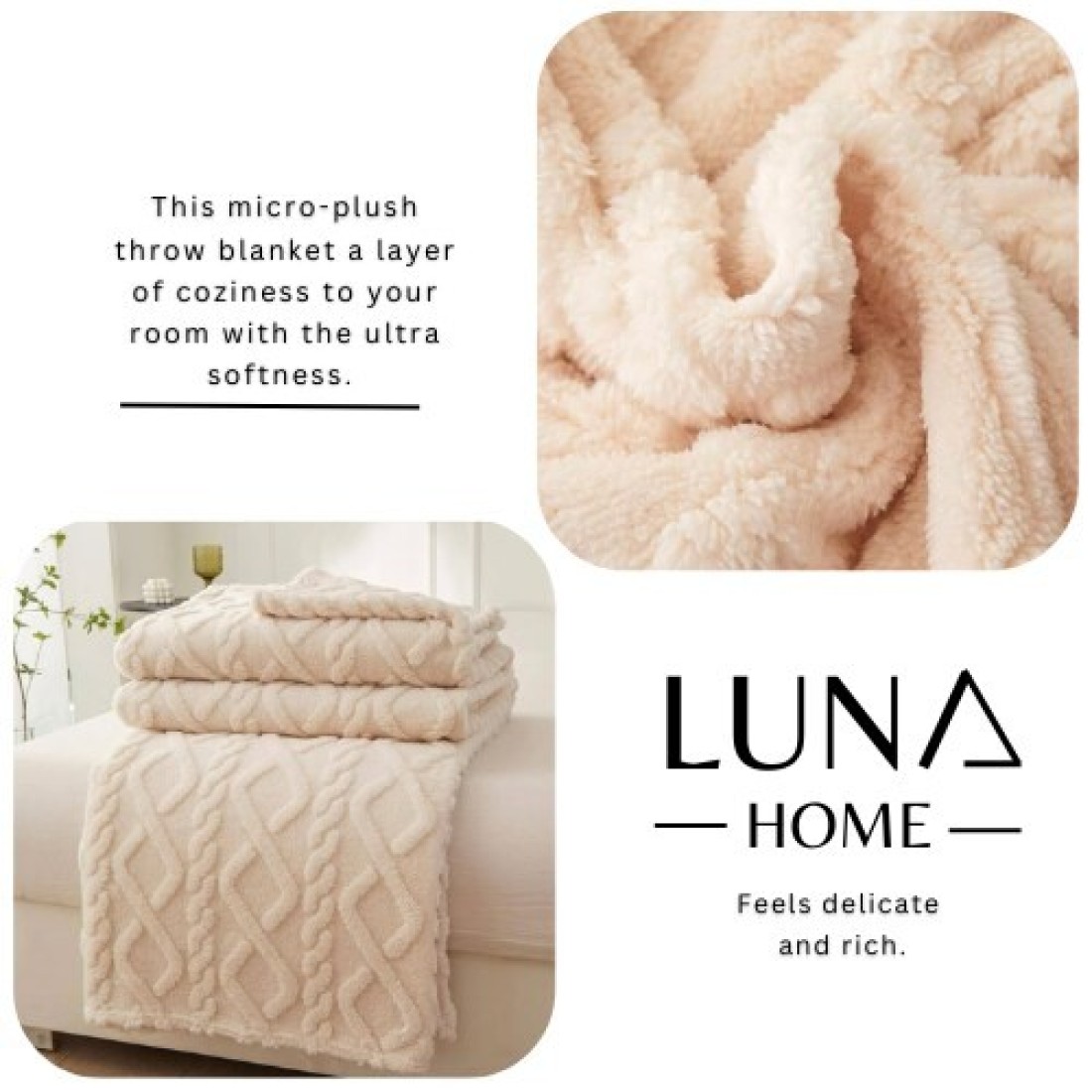 Luna Home Throw Blanket Super Soft, Ivory Color, Woven Style